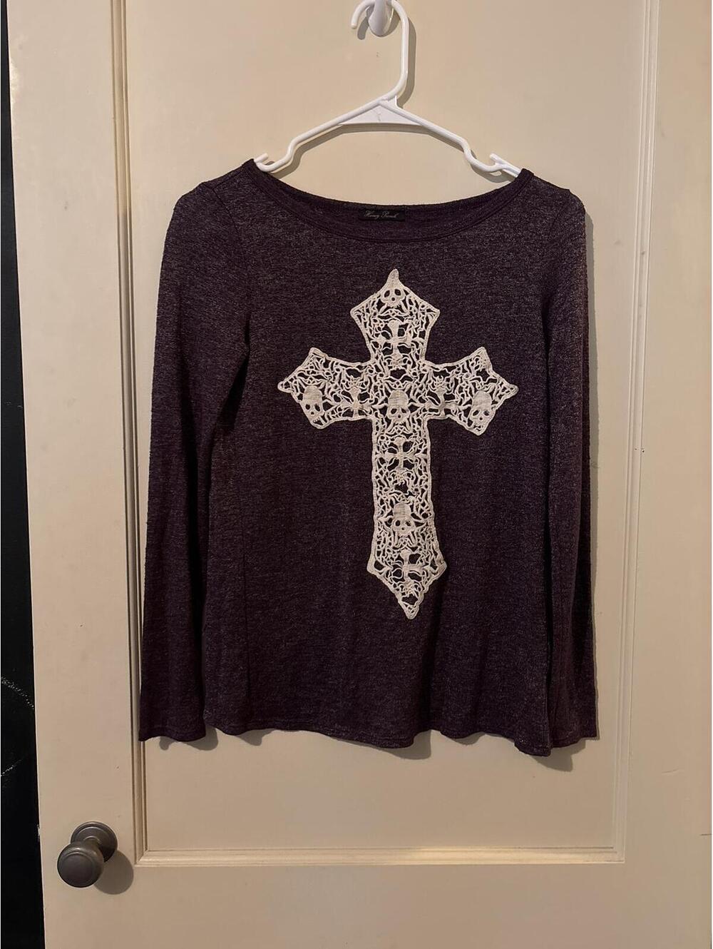 Honey Punch Purple Long Sleeve Top with Cream Lace Cross Graphic